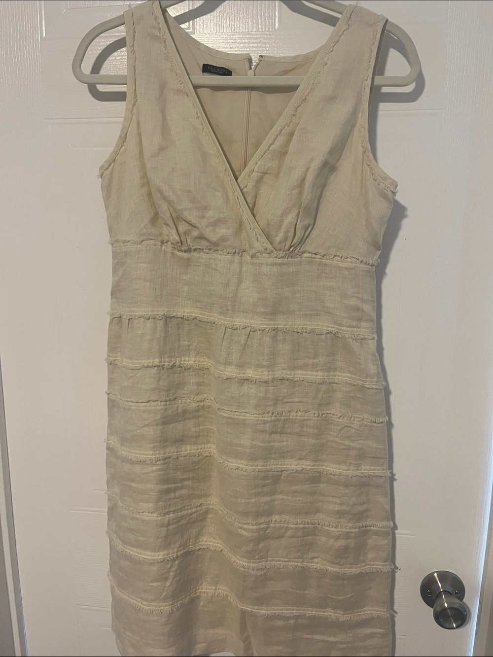 Oatmeal 100% Linen Talbots Sleeveless V-Neck Tiered Shift Dress
